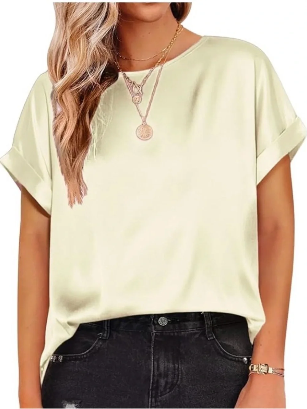 NWT Silk Silky Sz L cream color Women's Casual Short Sleeve Top